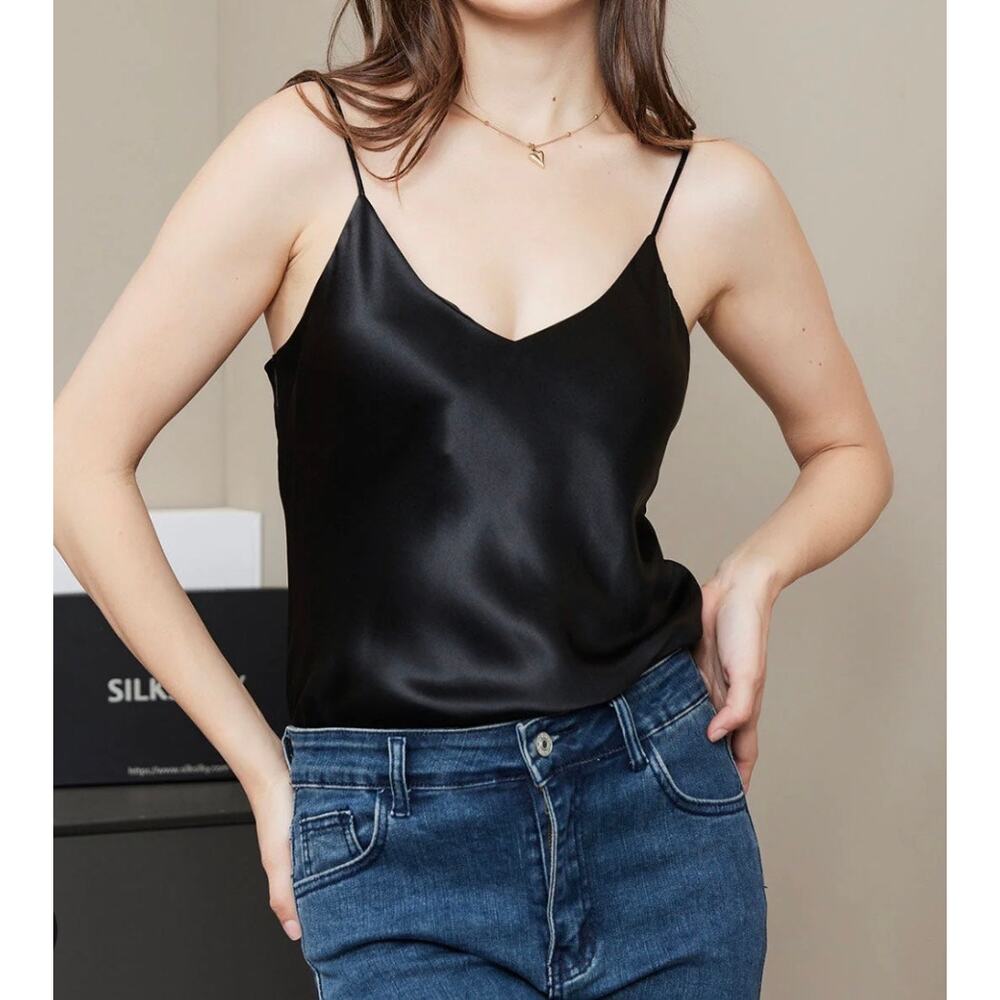 Silk Silky Pure Natural Silk Black V Neck Adjustable Spaghetti Strap Sz M Cami
